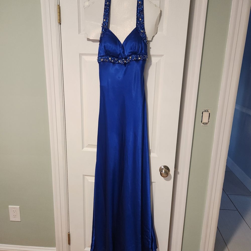 Panoply Blue Embellished Halter Maxi Gown